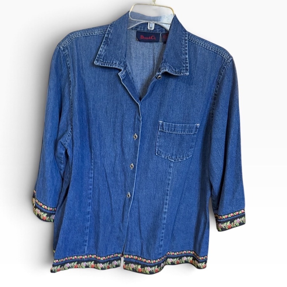 Denim & Co Button Down Shirt Womens 1X Blue Vintage Floral Embroidered Boho Top